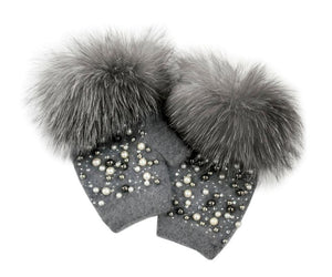 Grey Knit Fingerless Pearl Gloves