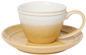 Yellow Espresso Cup & Saucer, The Mineral Yellow Espresso Cup and Saucer are sure to make your morning routine a cheery one. Made of stoneware, this espresso cup holds 3 ounces of your favorite variety. The set is dishwasher safe and microwave safe. 