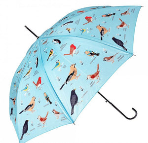 Garden Birds Umbrella a fun umbrella to keep you dry and out of the rain. The umbrella features a variety of garden birds on a blue background. The birds range from robins to woodpeckers to blackbirds.