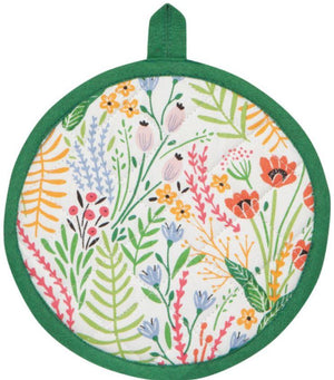 The Floral Bouquet Potholder/Trivet is a lovely addition to any kitchen. The potholder is round and features green trim with a floral bouquet. Use it for a pot holder or oven mitt.