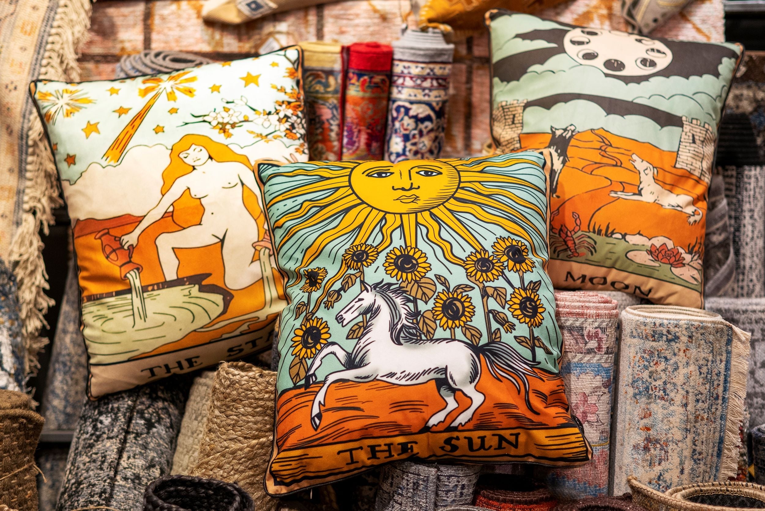 Sun, star, and moon tarot pillows. Part of our mystical musings collection where divine and mystical objects can be found from tarot decks to palm reading, tea leaf reading, smudge, sage, incense, candles, spell books, and more