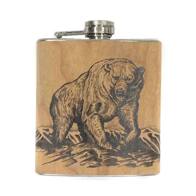 Grizzly Bear Wood Flask
