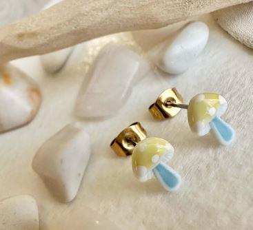 Yellow Porcelain Mushroom Stud Earrings