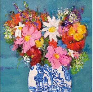 Spring Flowers in Blue and White Vase Greetings Card