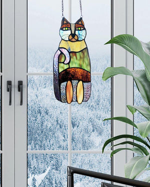Multicolour Cat Stained Glass Hanging Decor