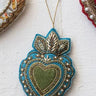 Beaded heart Ornament Blue with Green Centre