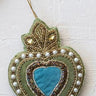 Beaded Heart Ornament Green with Blue Centre