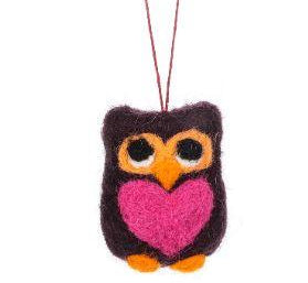 Felt Owl with Heart Ornament Brown