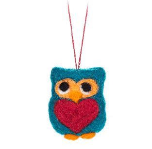 Felt Owl with Heart Ornament Blue
