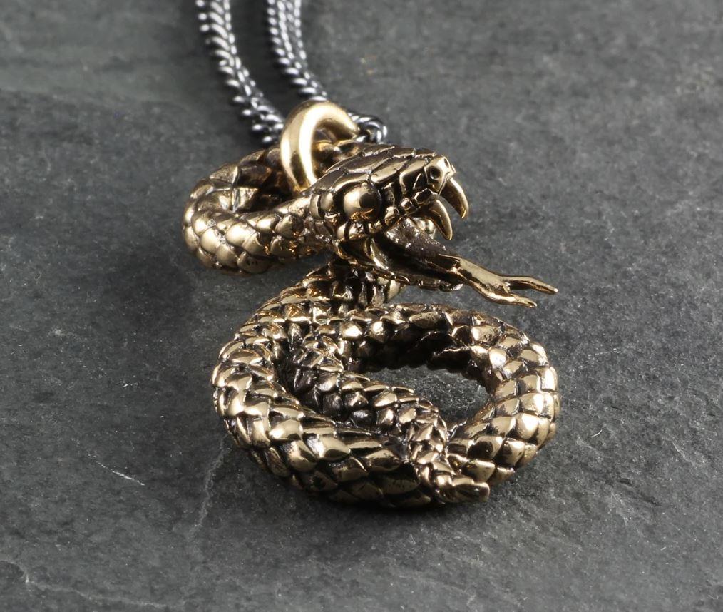 handmade in canada bronze coiled snake necklace, gunmetal silver chain, jewelry