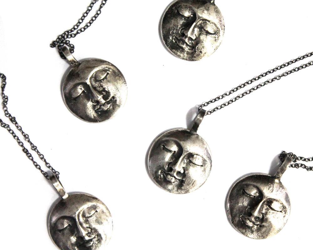 silver moon face necklace, handmade in canada jewelry, calgary