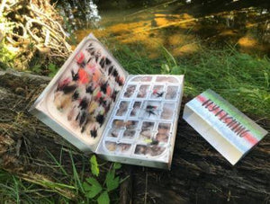 fly fishing gift set includes a waterproof fly box and 24 hand made, hand tied flies
