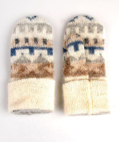 Patterned wool mittens. Pattern colors: white, brown, beige, grey and jeans blue. 100% pure new super soft Icelandic sheep's wool. Lightweight, Water-repellent, Breathable. Traditional Icelandic design.