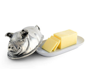 finely detailed pewter happy pig butter dish
