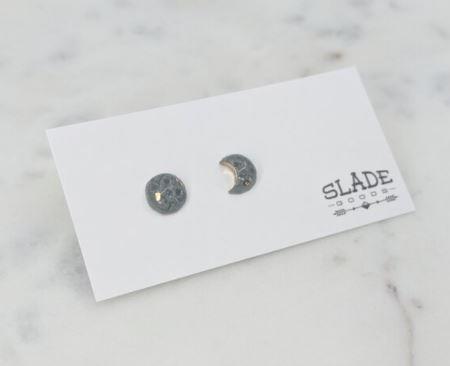 moon scape stud earrings, handmade in canada of porcelain and sterling silver posts, hypoallergenic jewelry