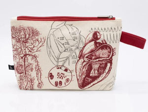 anatomical heart pouch, make up bag, recycled canvas medical illustrated travel bag