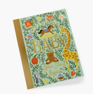 new baby greeting card by rifle paper co featuring rocking horse, giraffe, building lbocks