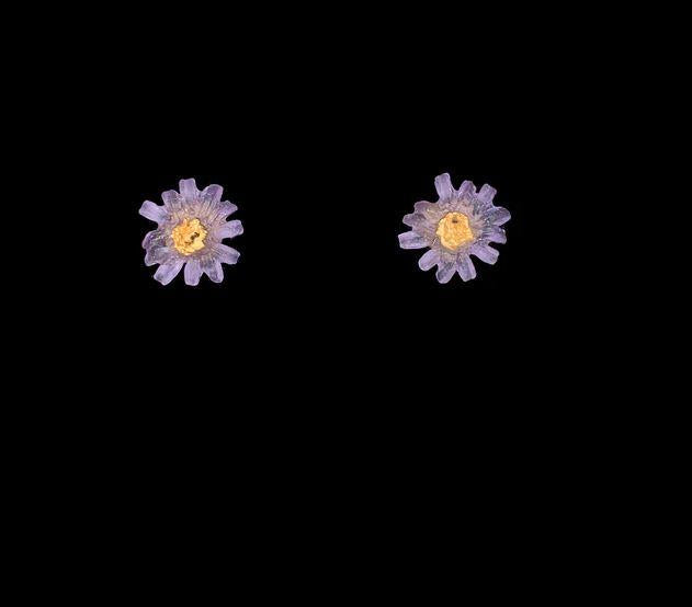 purple aster flower stud earings, handmade with glass petals, a gold dusted center, hypoallergenic jewelry, calgary