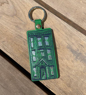 green new home keychain hand made in scotland, made of leather