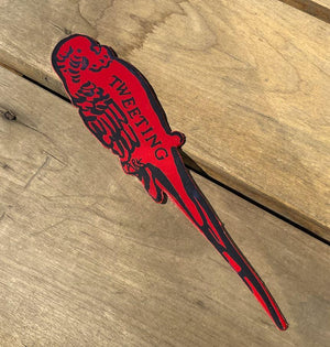 tweeting red budgie bird leather bookmark, handmade in scotland
