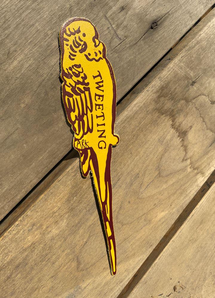 leather tweeting budgie bird bookmark, handmade in scotland