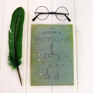 a green A5 lined journal that says Book of Potions on the cover