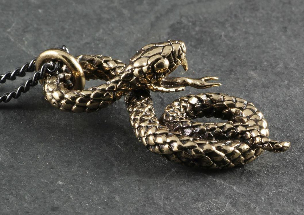 handmade in canada bronze coiled snake necklace, gunmetal silver chain, jewelry