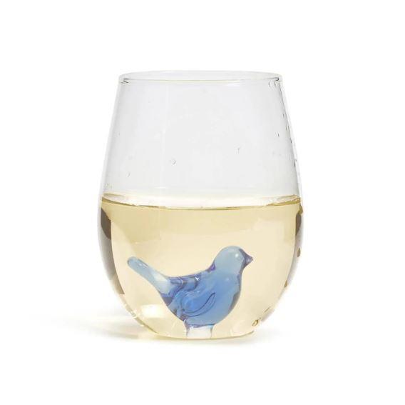 Blue Bird Stemless Wine Glass with Liquid 