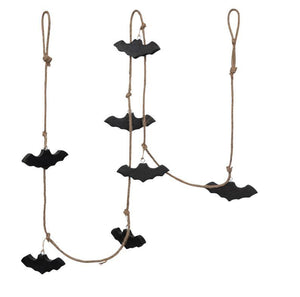 The Wooden Flying Bats Garland are made of mango wood and strung together with jute rope. The wall decor hangs 72" Long and is a great addition to any Halloween Decor or for an everyday touch of interest, surely a conversation starter in your home.