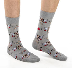 Cupid Pug Men's Socks are a fun Valentine's Day Gift for your husband, boyfriend or partner. These socks features a flying cupid pug dog with a bow and arrow and a heart.