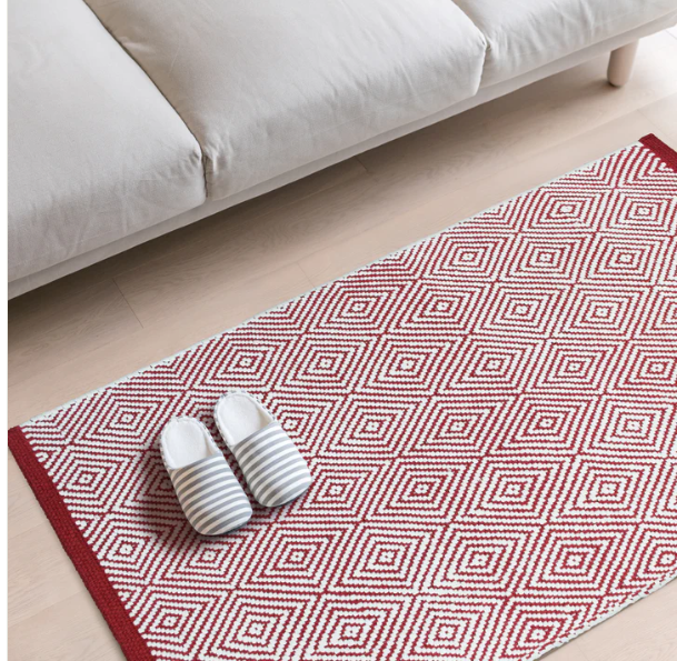 salsa, red and white dhurrie cotton rug, machine washable