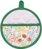 The Floral Bouquet Potholder/Trivet is a lovely addition to any kitchen. The potholder is round and features green trim with a floral bouquet. Use it for a pot holder or oven mitt.