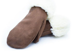 a pair of hand made dark brown leather mittens mitts made of deerskin and lined with a machine washable acrylic pile liner made in canada