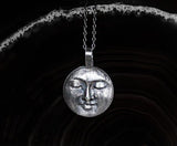 silver moon face necklace, handmade in canada