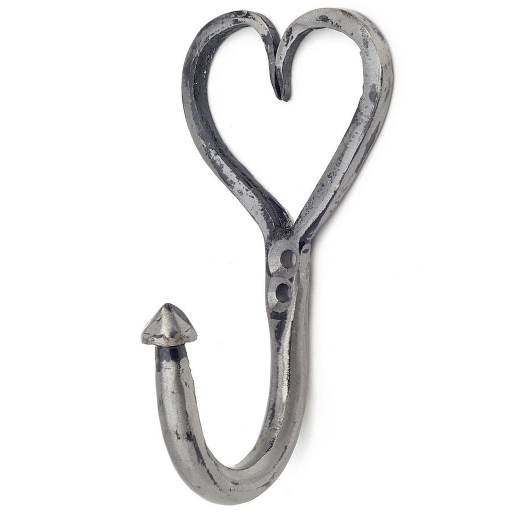 hand forged silver heart hook, polished silver rustic heart wall hook