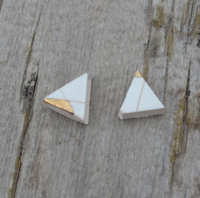The white & Gold Trim Triangle Earrings are handmade in British Colombia, Canada. The earrings are unique and interesting, they are made of porcelain and the posts are made of sterling silver, hypoallergenic jewelry