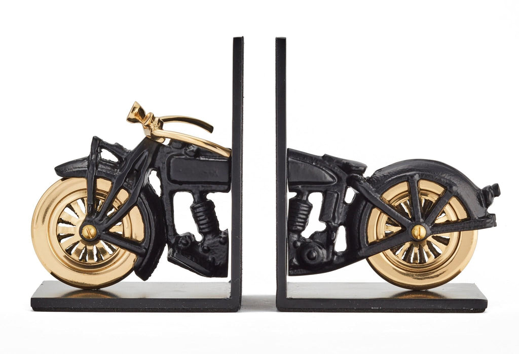 black frame with golden wheel motorcycle bookends, home, office or library decor