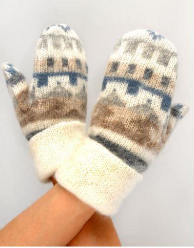 Patterned wool mittens. Pattern colors: white, brown, beige, grey and jeans blue. 100% pure new super soft Icelandic sheep's wool. Lightweight, Water-repellent, Breathable. Traditional Icelandic design.