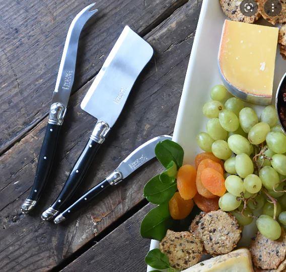 laguile 3 piece cheese set, made in france, comes with a cheese knife, pate spreader and mini cleaver