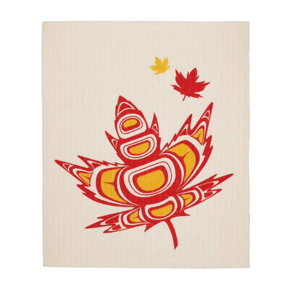a reusable swedish dish cloth with an idigenous maple leaf design 
