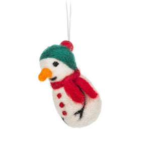 add the adorable felt snowman christmas tree ornament to your holiday decorations collection, the mini snowman features a green and red toque with a red scarf and button and an adorable carrotn nose