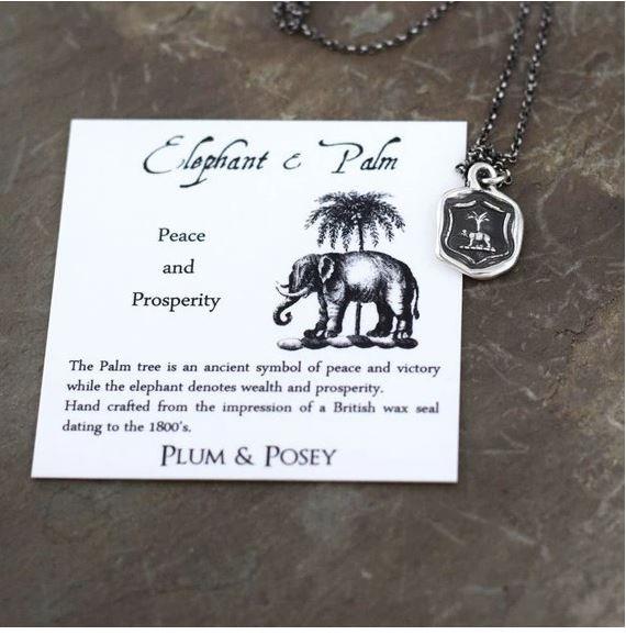 elepahnt and palm tree sterling silver necklace, handmade in canada, jewlery