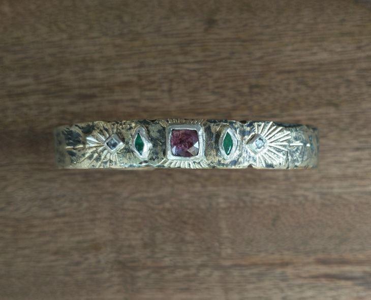 aquamarine, pink tourmaline, and emerald cuff bracelet, unique and hand made, one of a kind jewelry, calgary