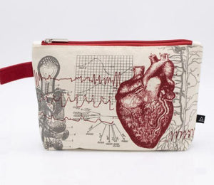 anatomical heart pouch, make up bag, recycled canvas medical illustrated travel bag