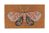 a coir fiber door mat featuring a gray blue and pink moth