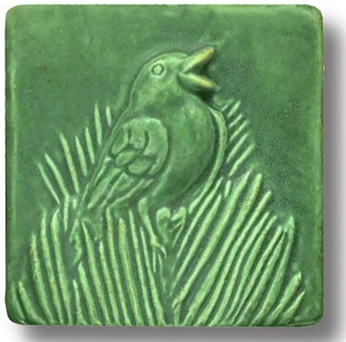 Songbird in Leaf Green Glaze Art Tile