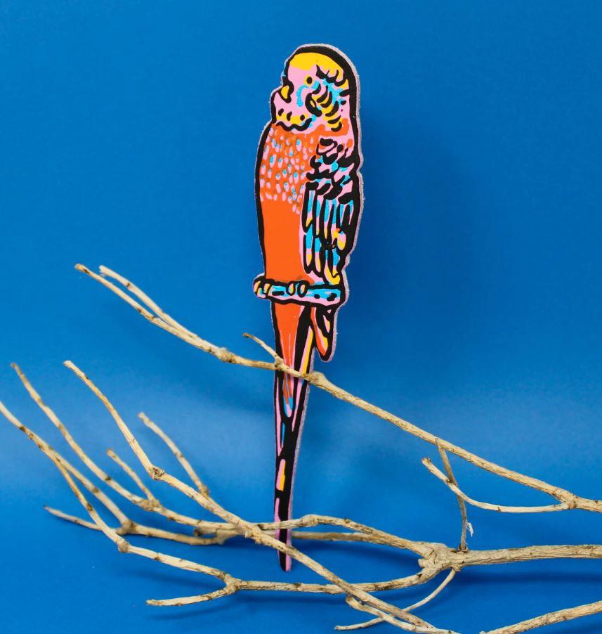 budgie bird bookmark, handmade in scotland of leather, red and pink 