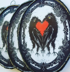 crows petite art glass ornament, two cros in love wall decor