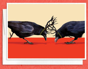 fighting crows greeting card. crow christmas card.