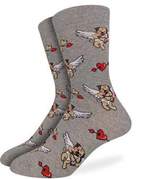Cupid Pug Men's Socks are a fun Valentine's Day Gift for your husband, boyfriend or partner. These socks features a flying cupid pug dog with a bow and arrow and a heart.